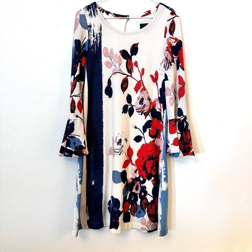 Maeve Anthropologie Women's Bell Sleeves Floral White Shift Sweater Dress Size S